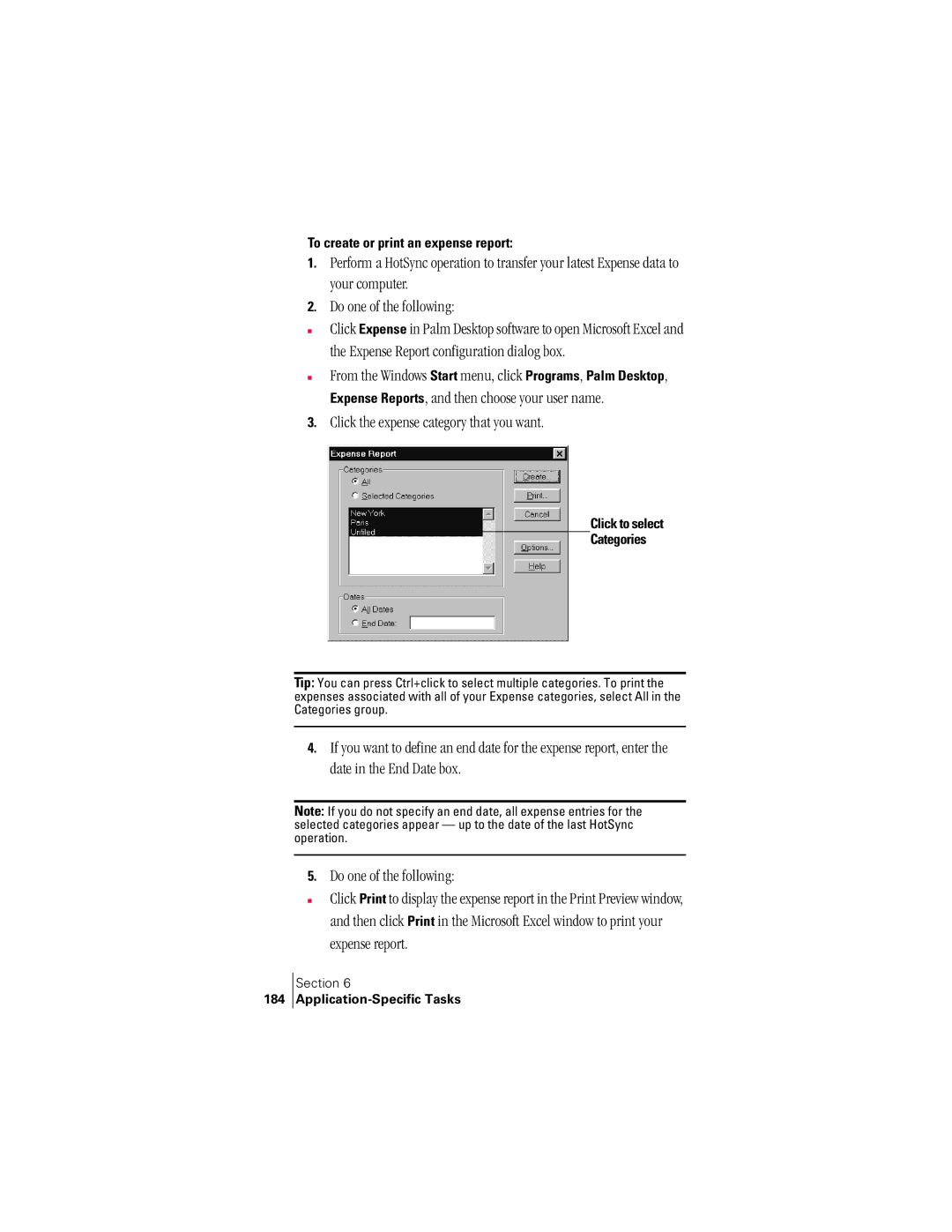 Handspring 300 Click the expense category that you want, To create or print an expense report, Click to select Categories 