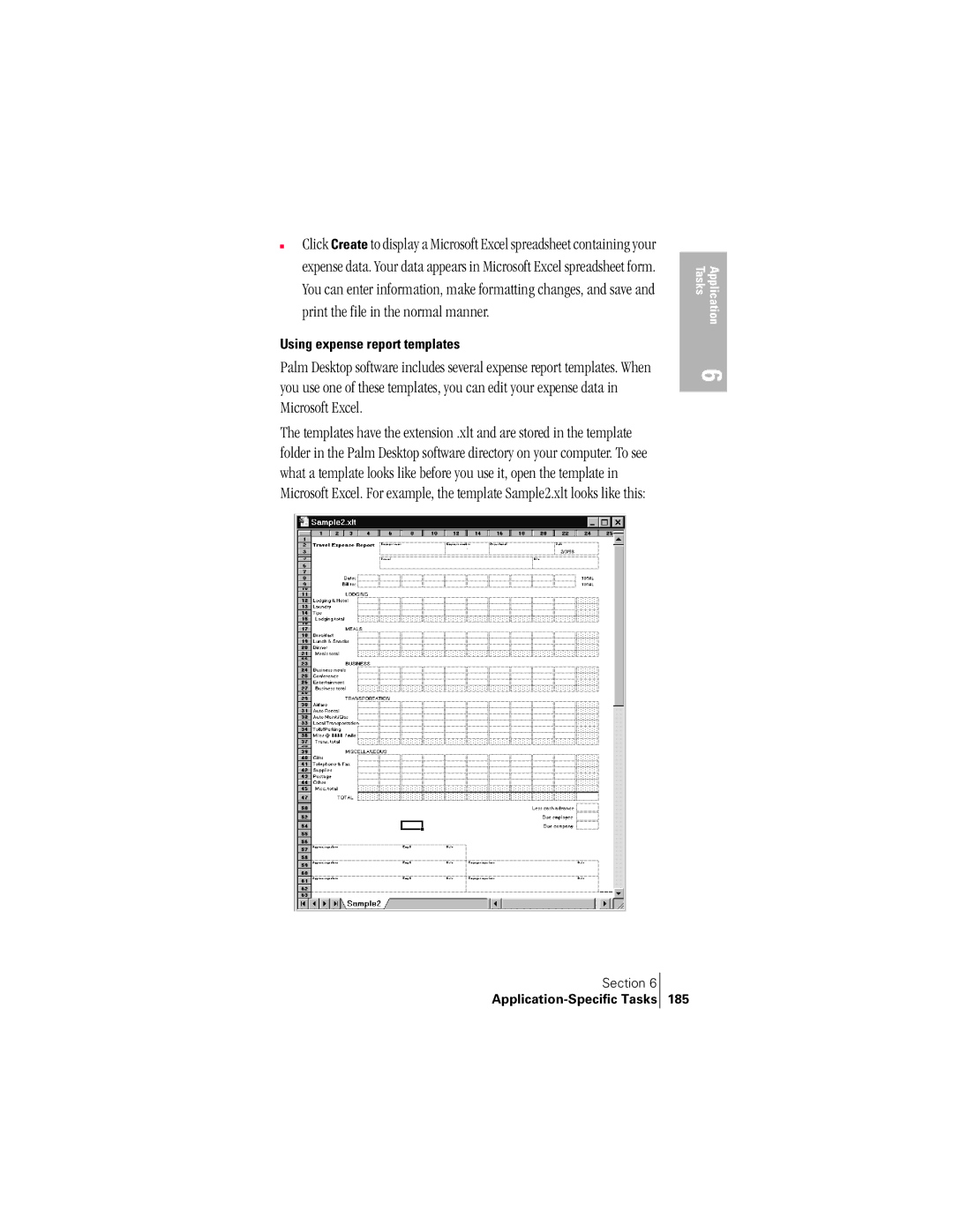 Handspring 300 manual Using expense report templates, 185 