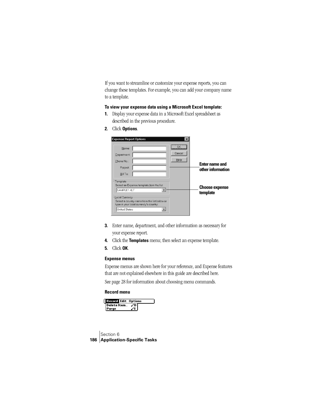 Handspring 300 Click Options, To view your expense data using a Microsoft Excel template, Expense menus, Record menu, 186 