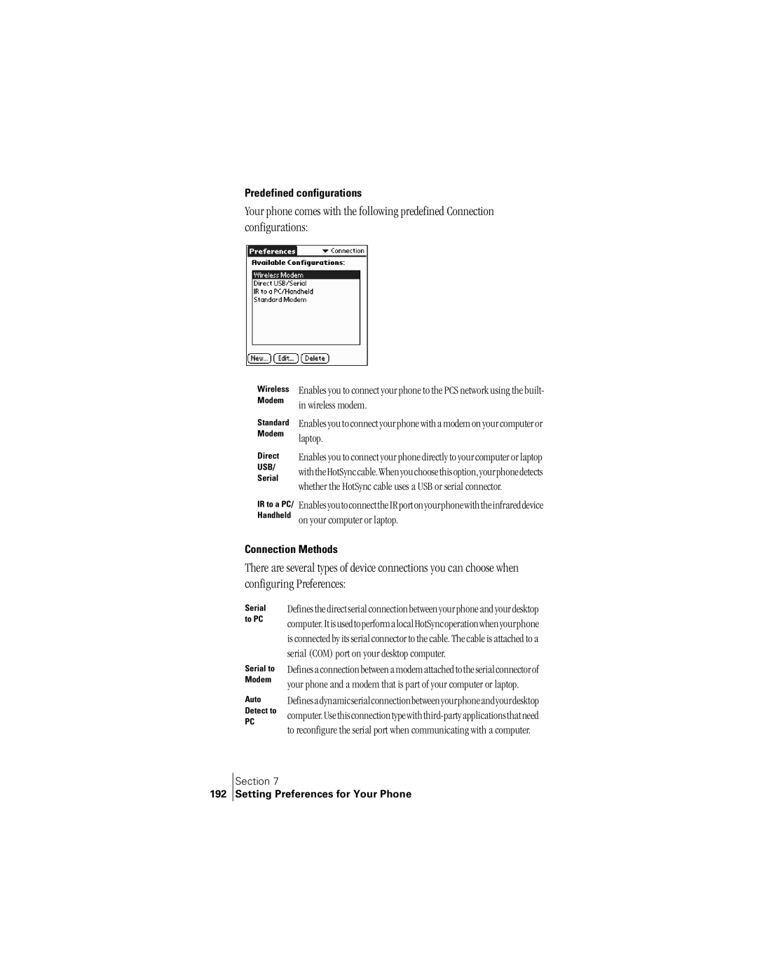 Handspring 300 manual Predefined configurations, Connection Methods 