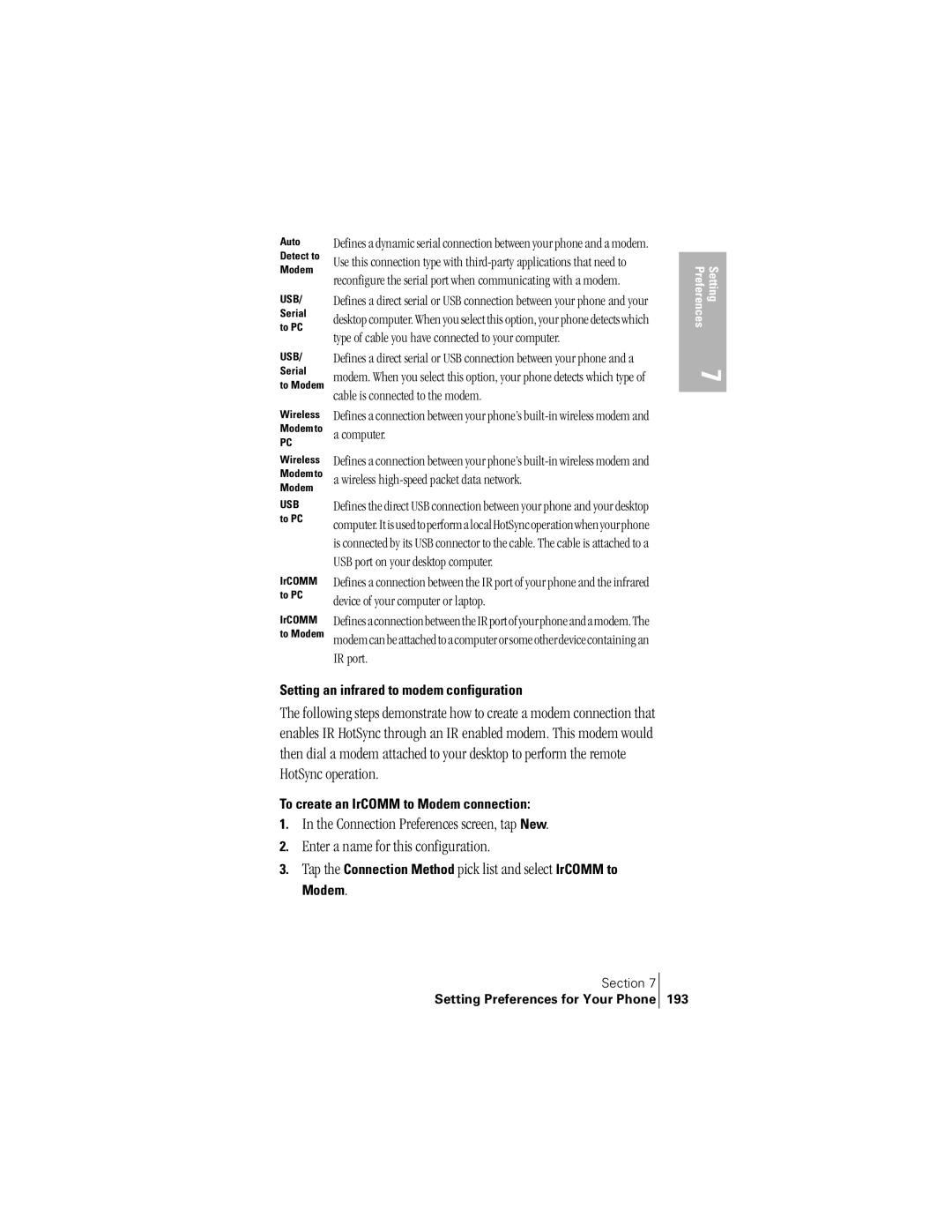 Handspring 300 manual Setting an infrared to modem configuration, To create an IrCOMM to Modem connection 