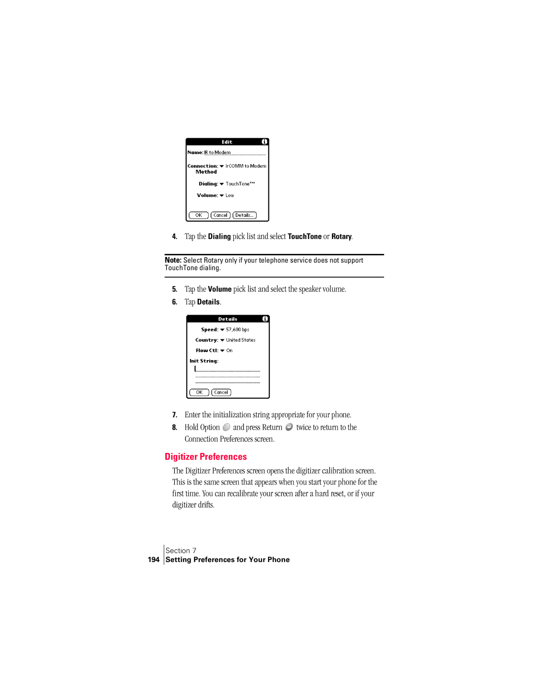 Handspring 300 manual Digitizer Preferences, 194 