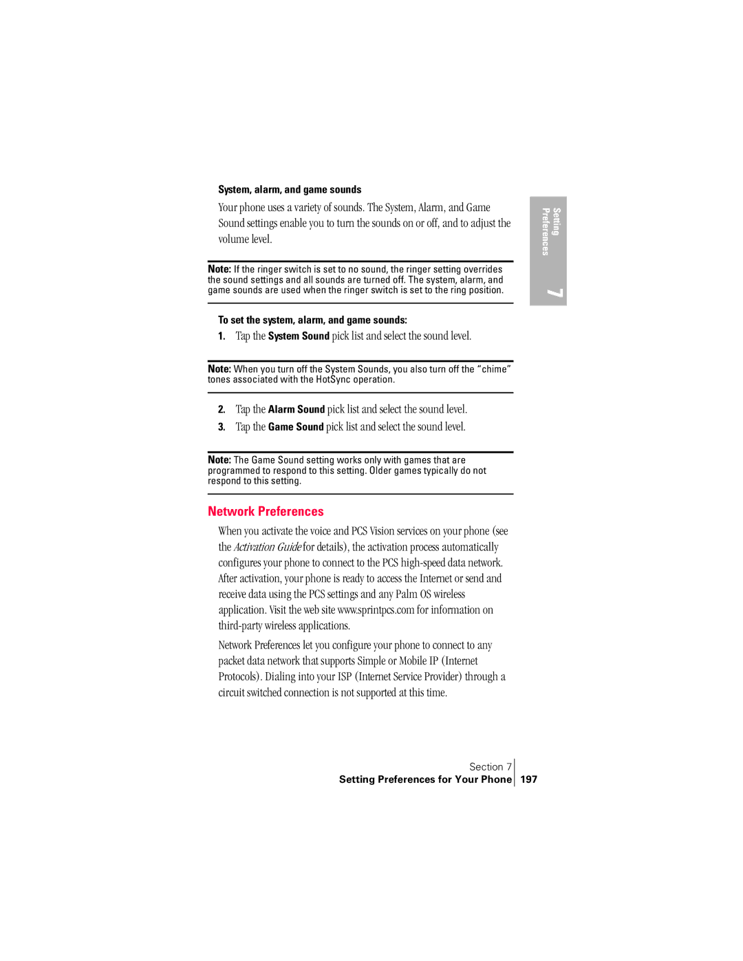 Handspring 300 manual Network Preferences, System, alarm, and game sounds, To set the system, alarm, and game sounds 