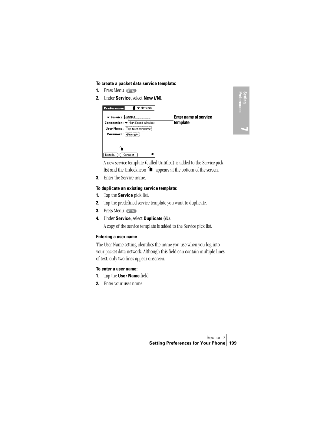 Handspring 300 manual Press Menu Under Service, select New /N, Enter the Service name 