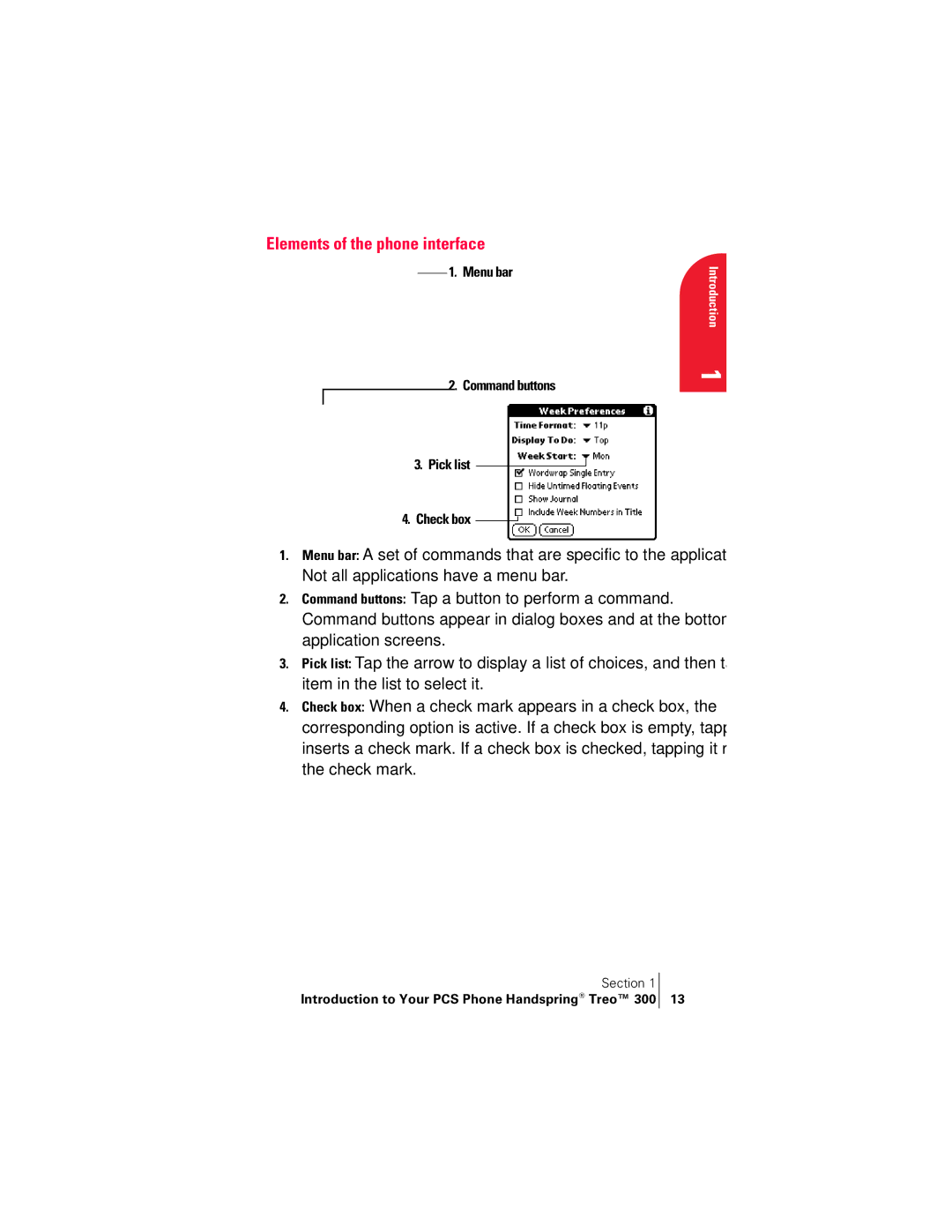Handspring 300 manual Elements of the phone interface, Menu bar, Command buttons Pick list Check box 