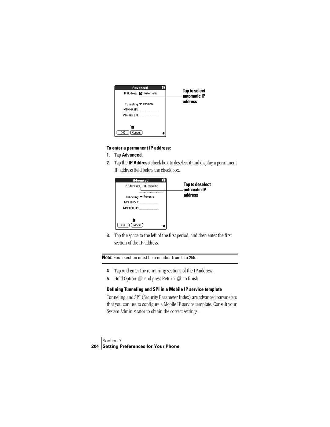 Handspring 300 manual IP address field below the check box, To enter a permanent IP address Tap Advanced, 204 