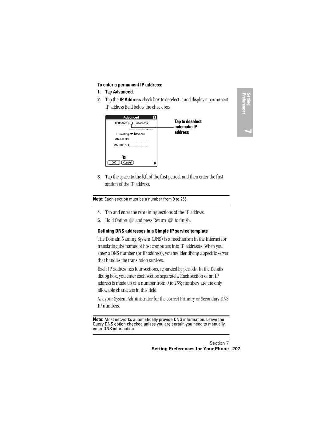 Handspring 300 manual Defining DNS addresses in a Simple IP service template, Setting Preferences for Your Phone 207 