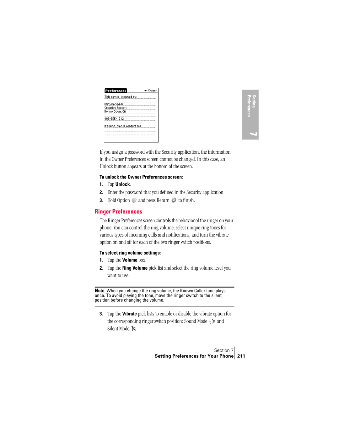 Handspring 300 manual Ringer Preferences, To unlock the Owner Preferences screen Tap Unlock, To select ring volume settings 