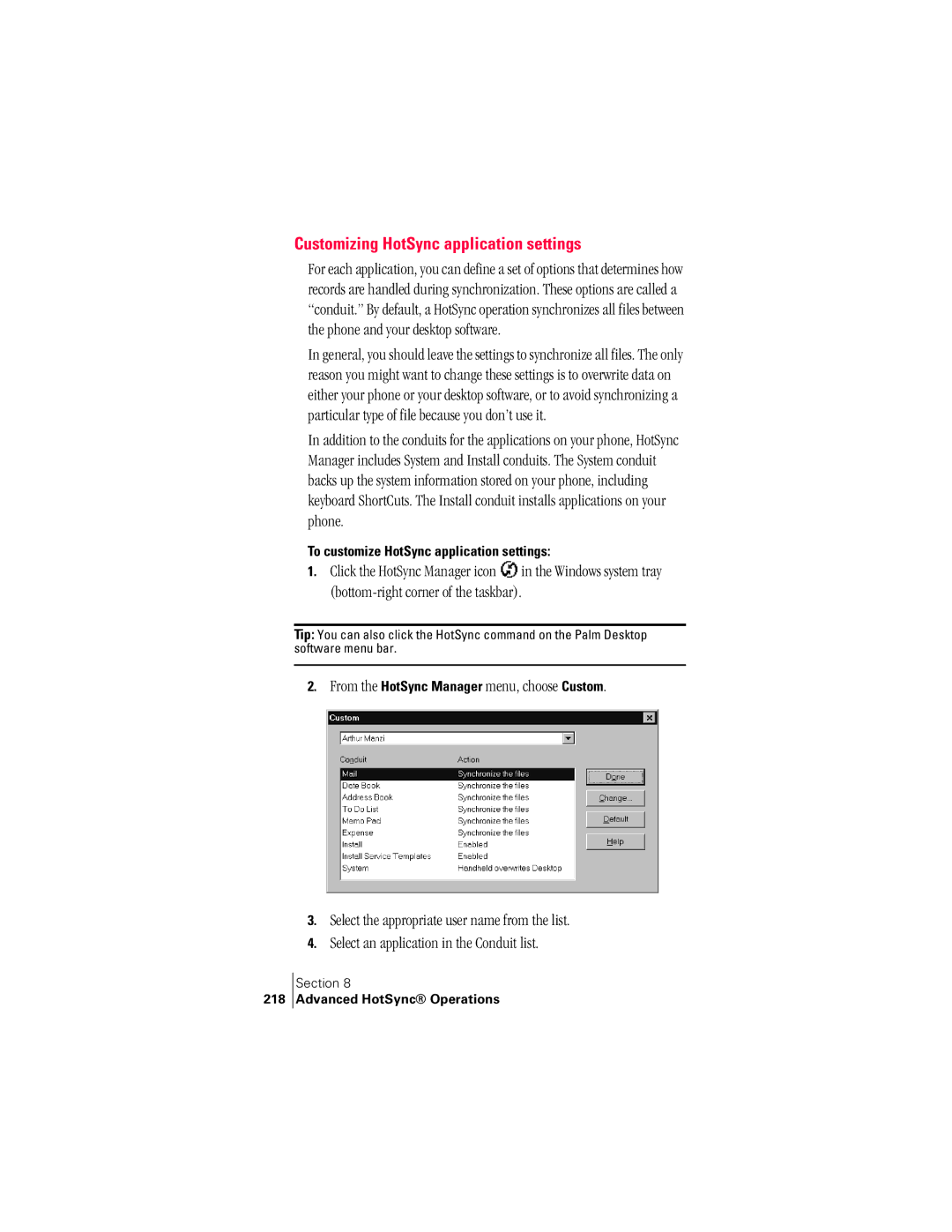 Handspring 300 manual Customizing HotSync application settings, To customize HotSync application settings, 218 