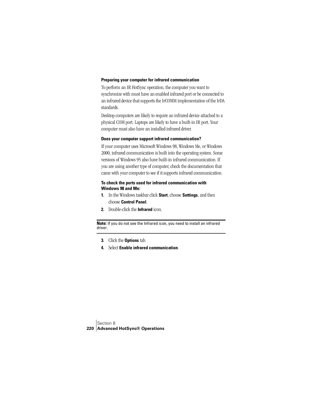 Handspring 300 Double-click the Infrared icon, Click the Options tab, Preparing your computer for infrared communication 