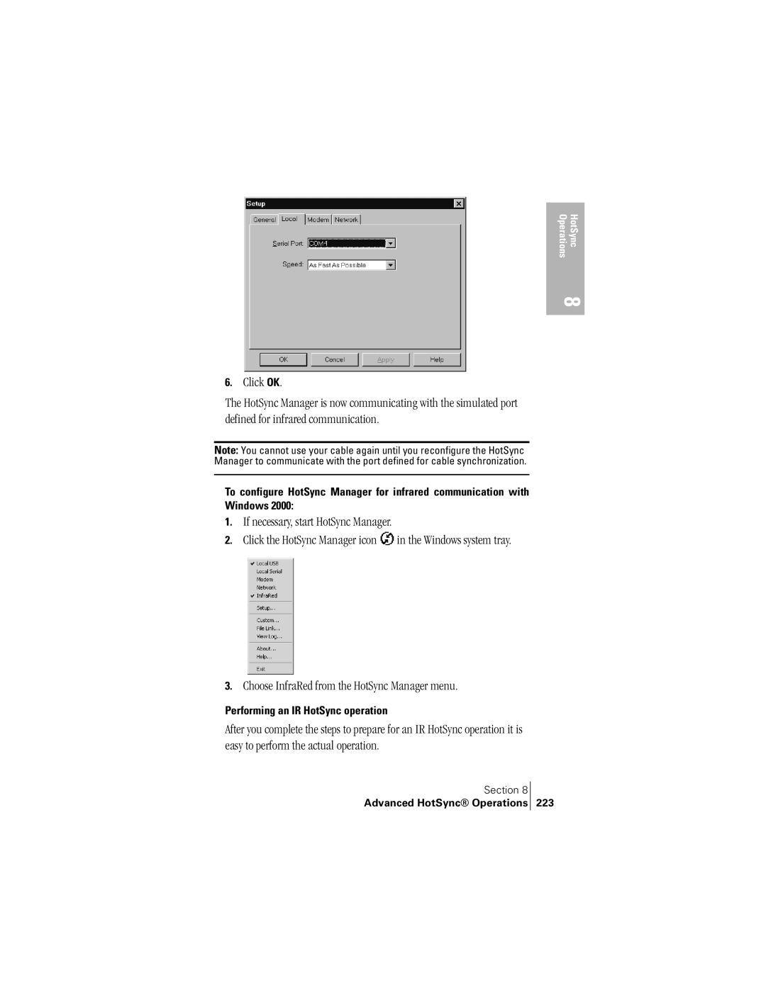 Handspring 300 manual Performing an IR HotSync operation, Advanced HotSync Operations 223 