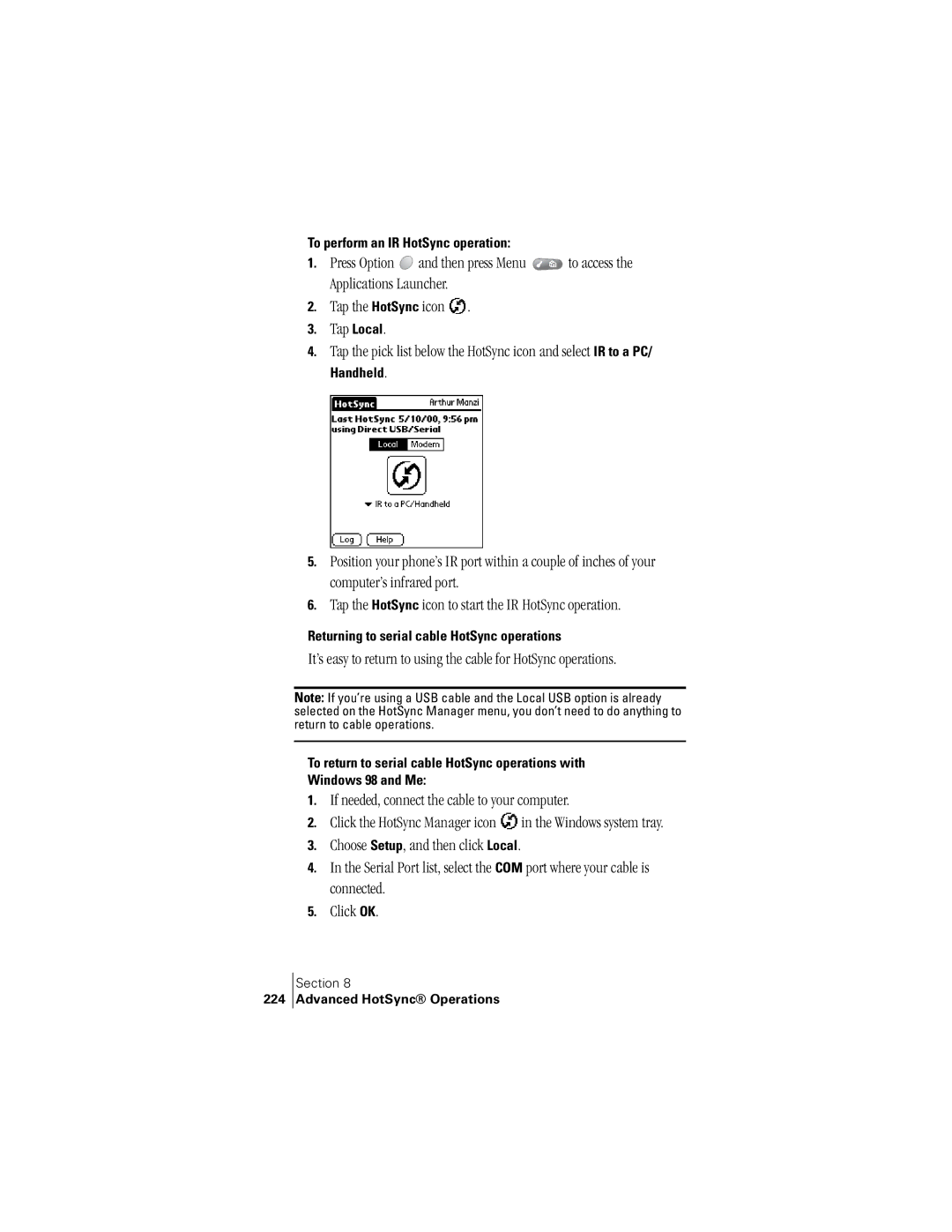 Handspring 300 manual If needed, connect the cable to your computer, To perform an IR HotSync operation, Handheld, 224 