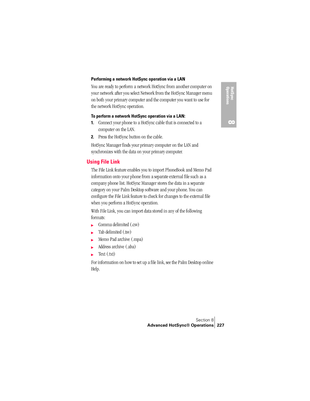 Handspring 300 manual Using File Link, Performing a network HotSync operation via a LAN, 227 