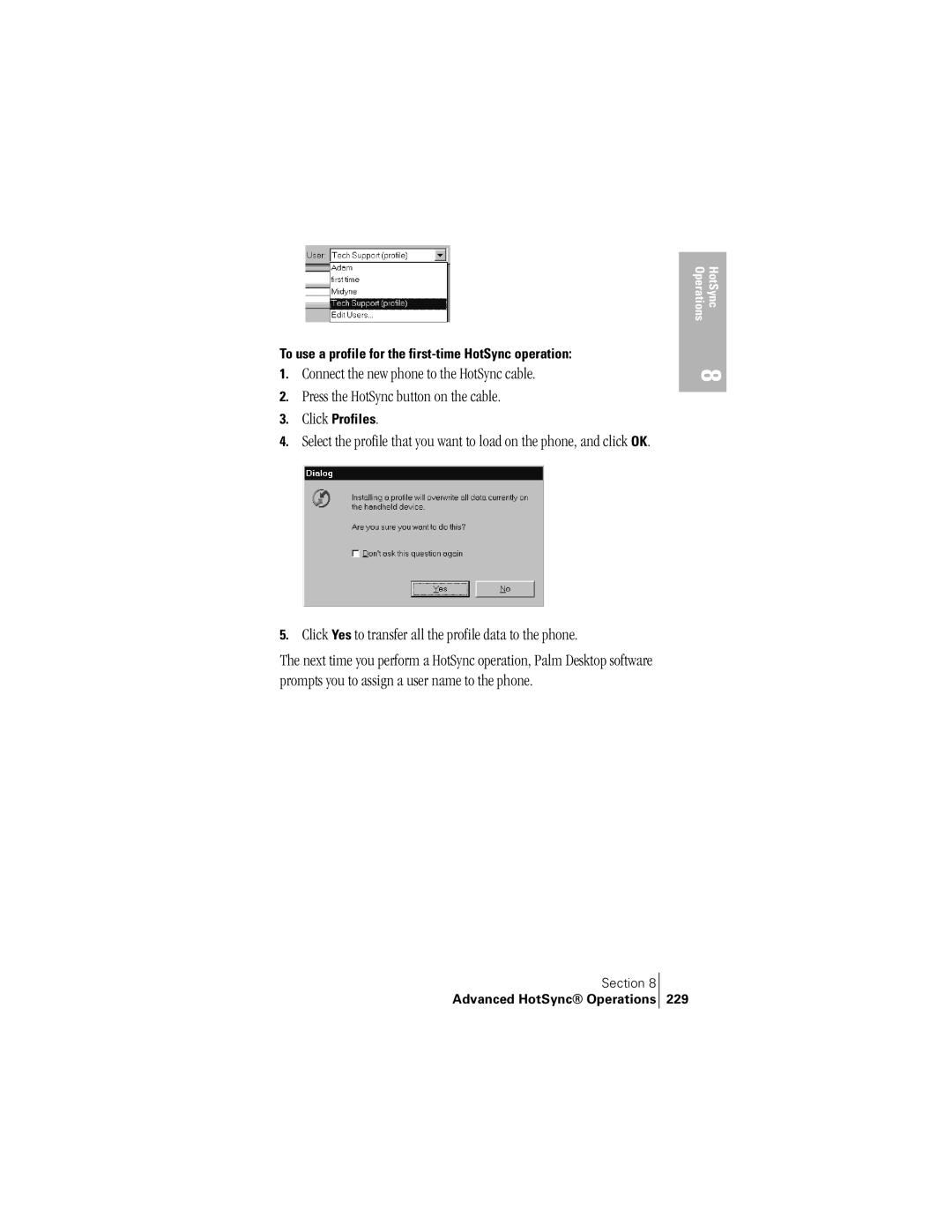 Handspring 300 manual Click Yes to transfer all the profile data to the phone, Advanced HotSync Operations 229 