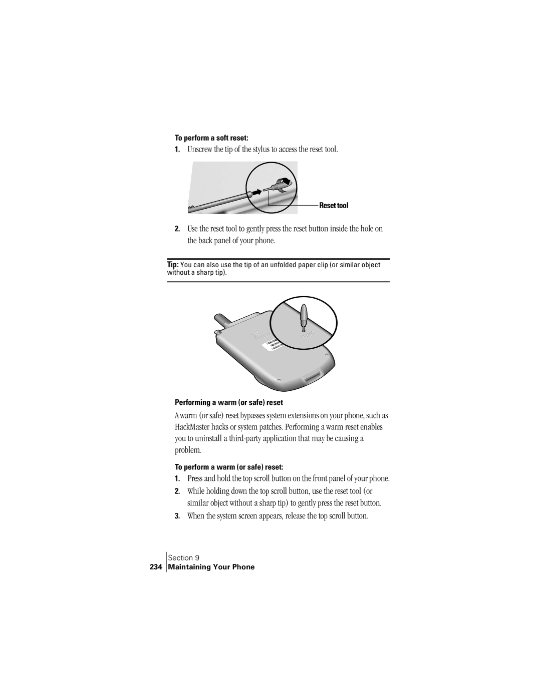 Handspring 300 manual Unscrew the tip of the stylus to access the reset tool, To perform a soft reset, Reset tool 