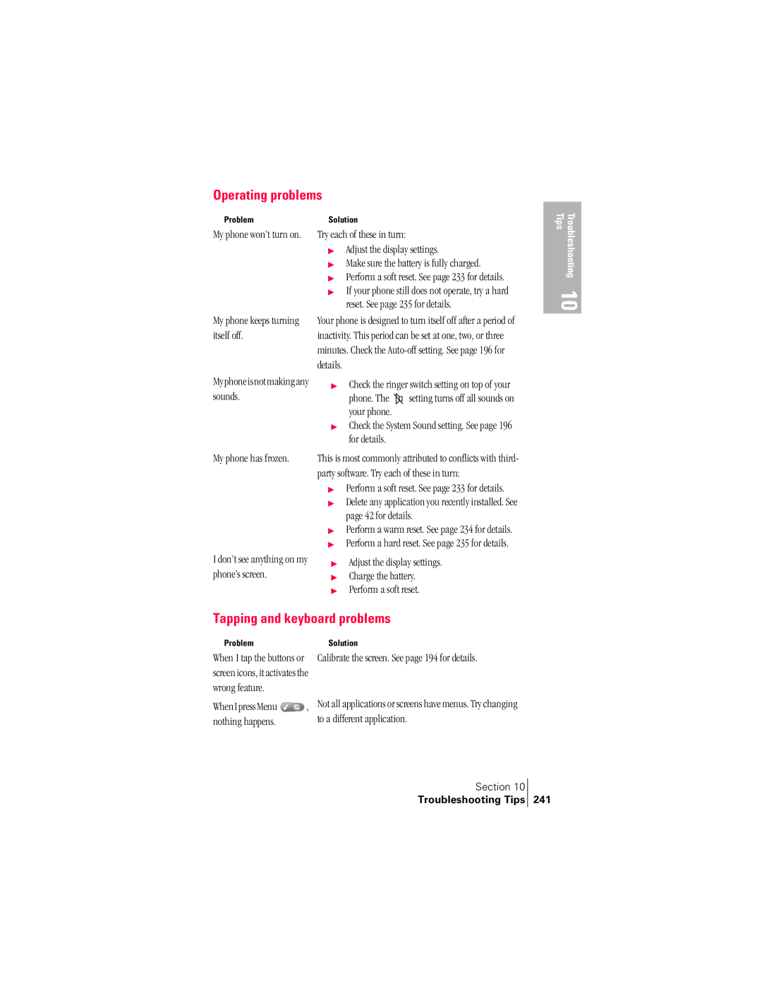 Handspring 300 manual Operating problems, Tapping and keyboard problems 