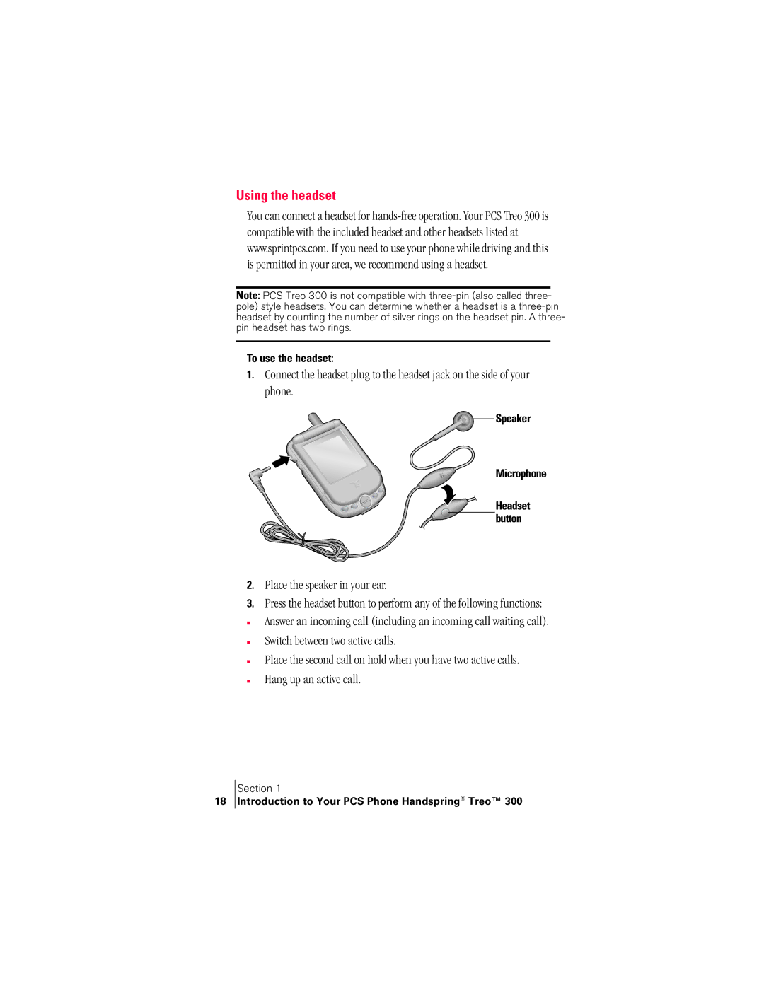 Handspring 300 manual Using the headset, Place the speaker in your ear, To use the headset 