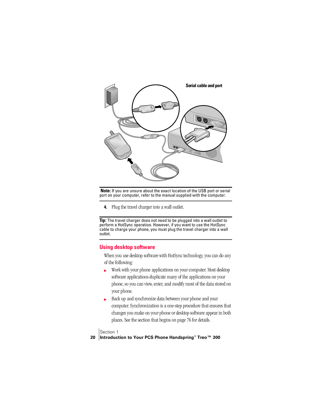 Handspring 300 manual Using desktop software, Serial cable and port 