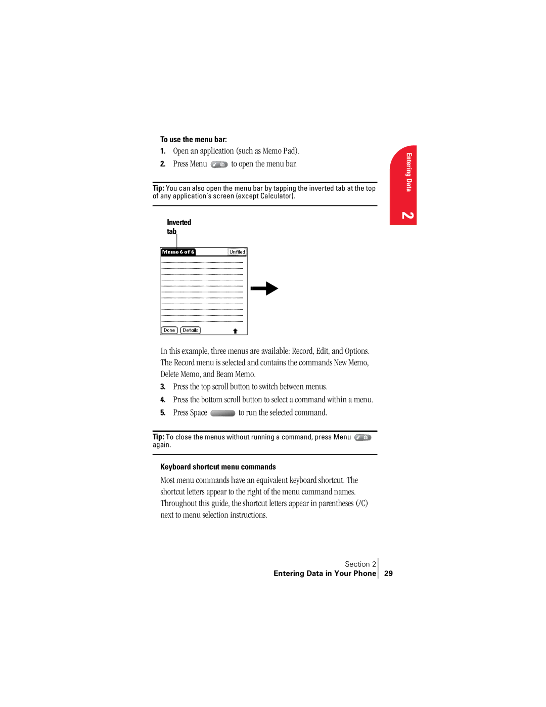 Handspring 300 manual To use the menu bar, Keyboard shortcut menu commands 