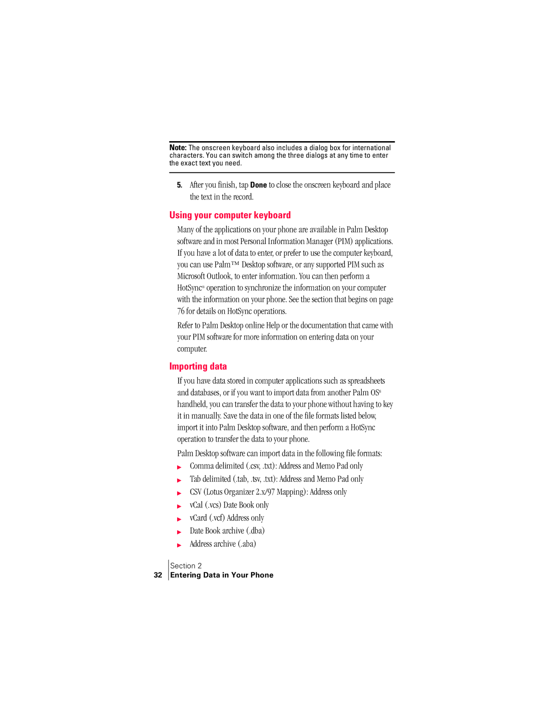 Handspring 300 manual Using your computer keyboard, Importing data 