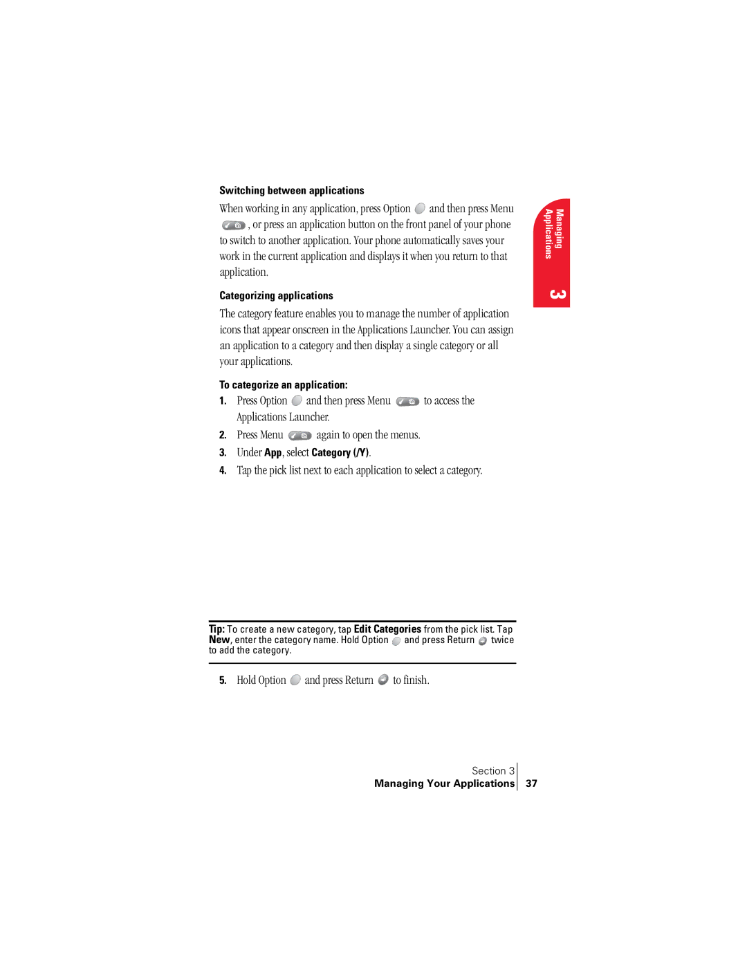 Handspring 300 manual Switching between applications, Categorizing applications, To categorize an application 