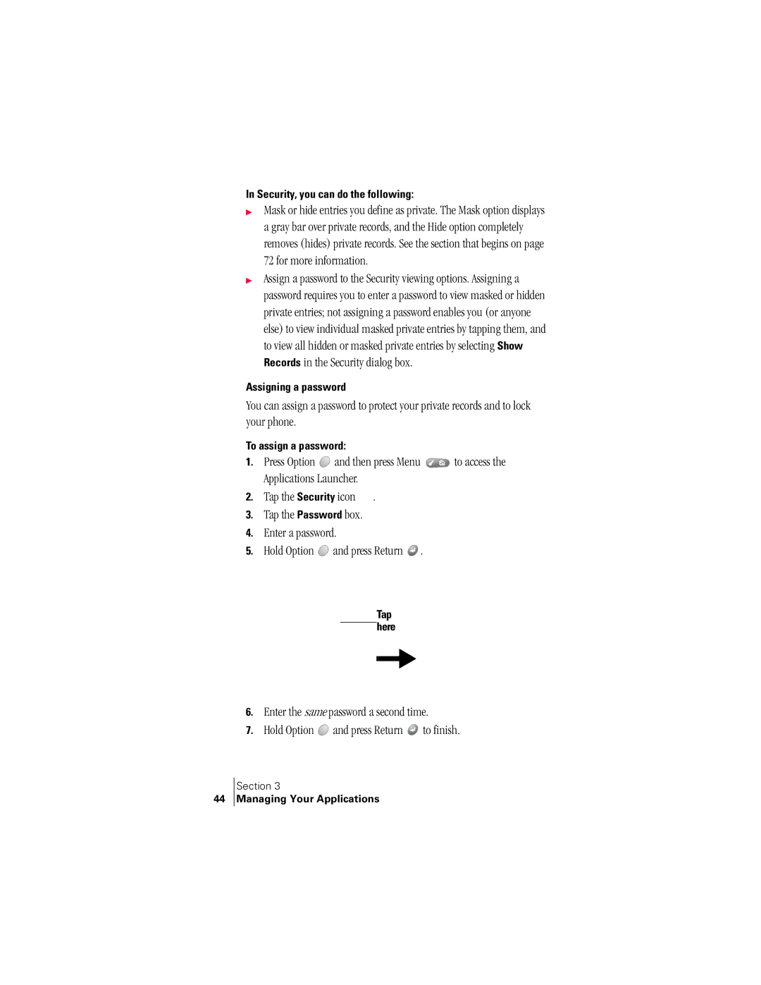 Handspring 300 manual Security, you can do the following, Assigning a password, To assign a password 