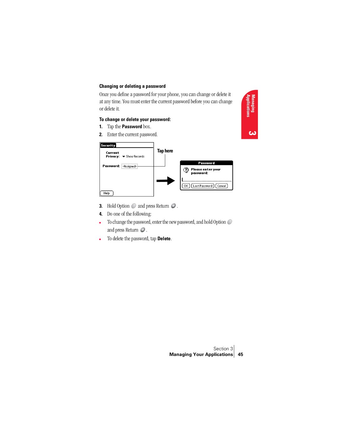 Handspring 300 manual Tap the Password box Enter the current password, Changing or deleting a password 