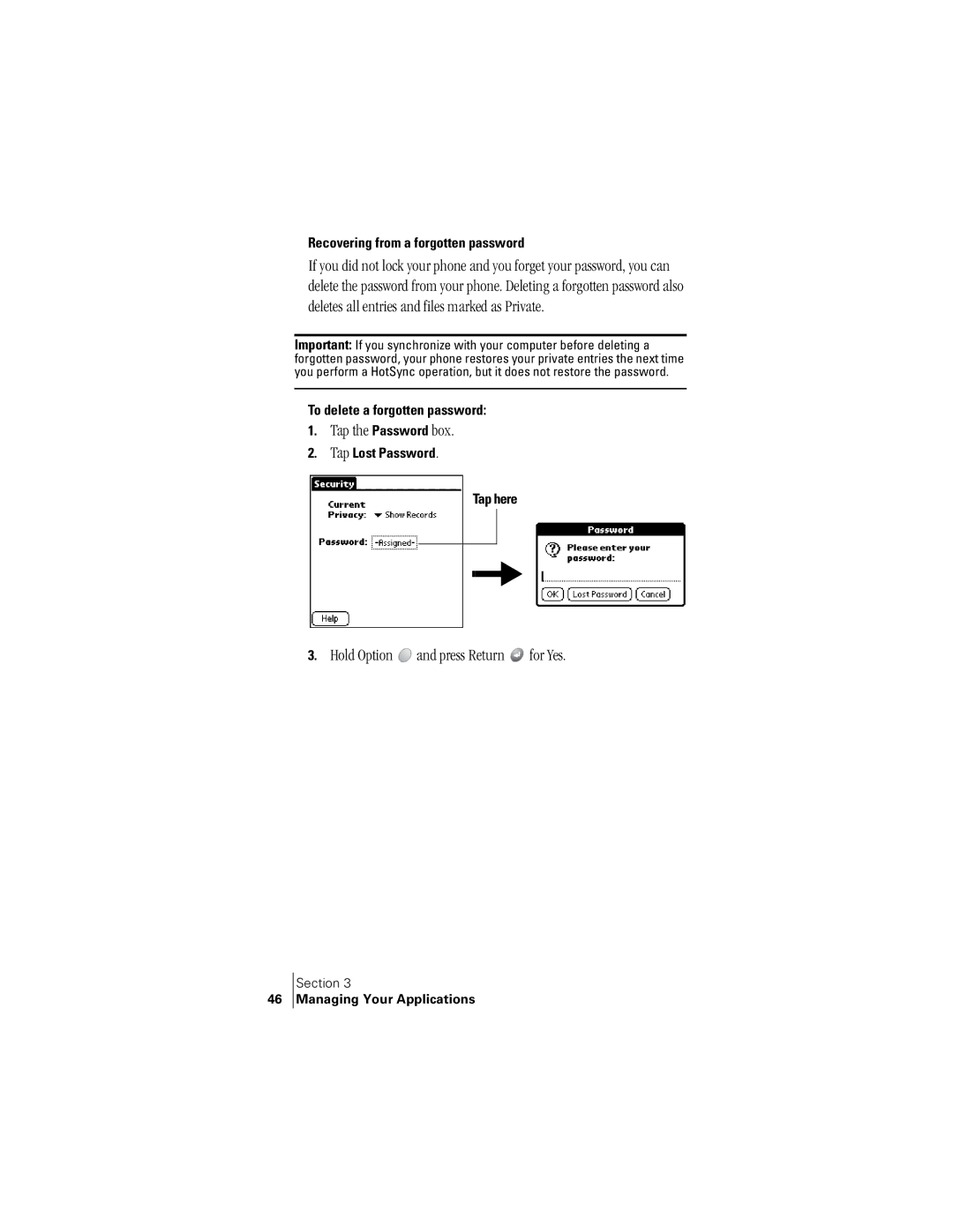 Handspring 300 Hold Option and press Return for Yes, Recovering from a forgotten password, To delete a forgotten password 