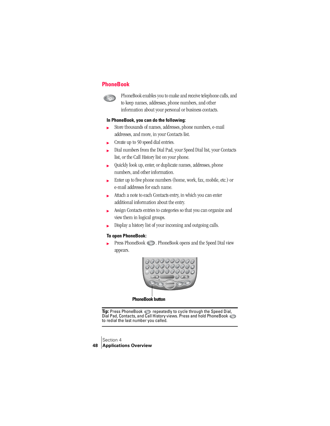 Handspring 300 manual Create up to 50 speed dial entries, PhoneBook, you can do the following, To open PhoneBook 