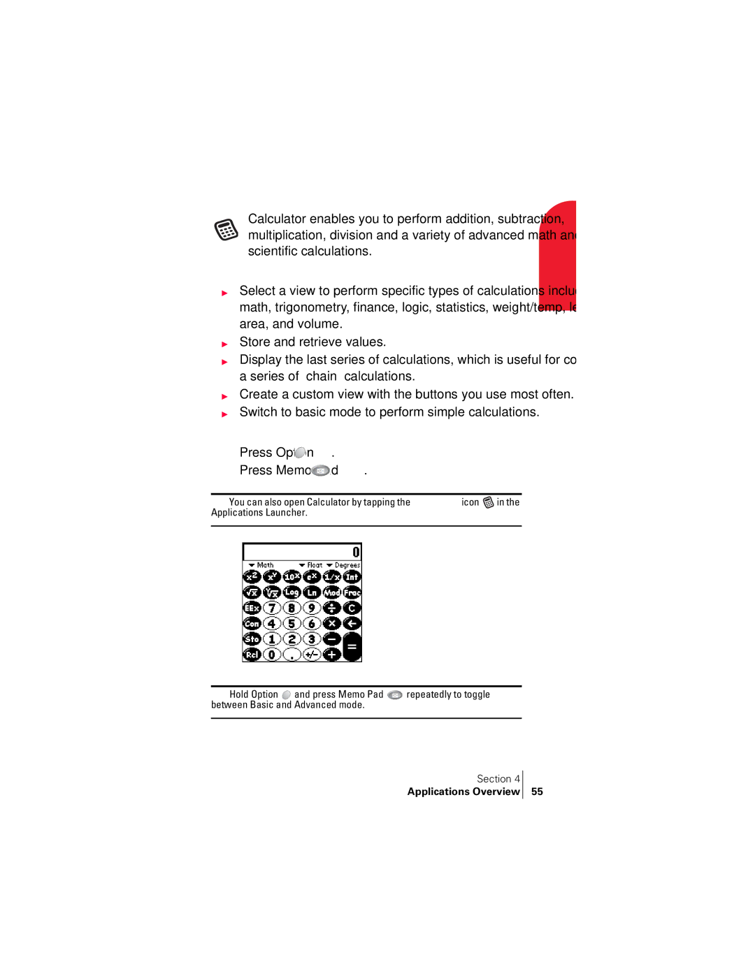 Handspring 300 manual Calculator, Switch to basic mode to perform simple calculations, Press Option Press Memo Pad 