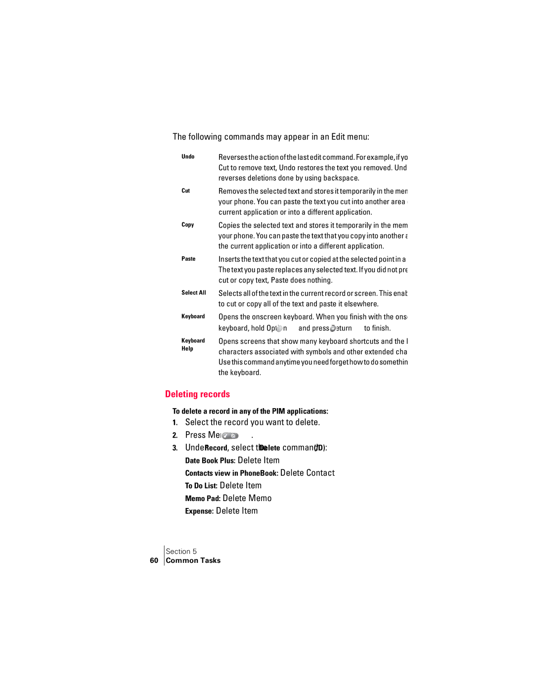 Handspring 300 Deleting records, Following commands may appear in an Edit menu, Memo Pad Delete Memo Expense Delete Item 