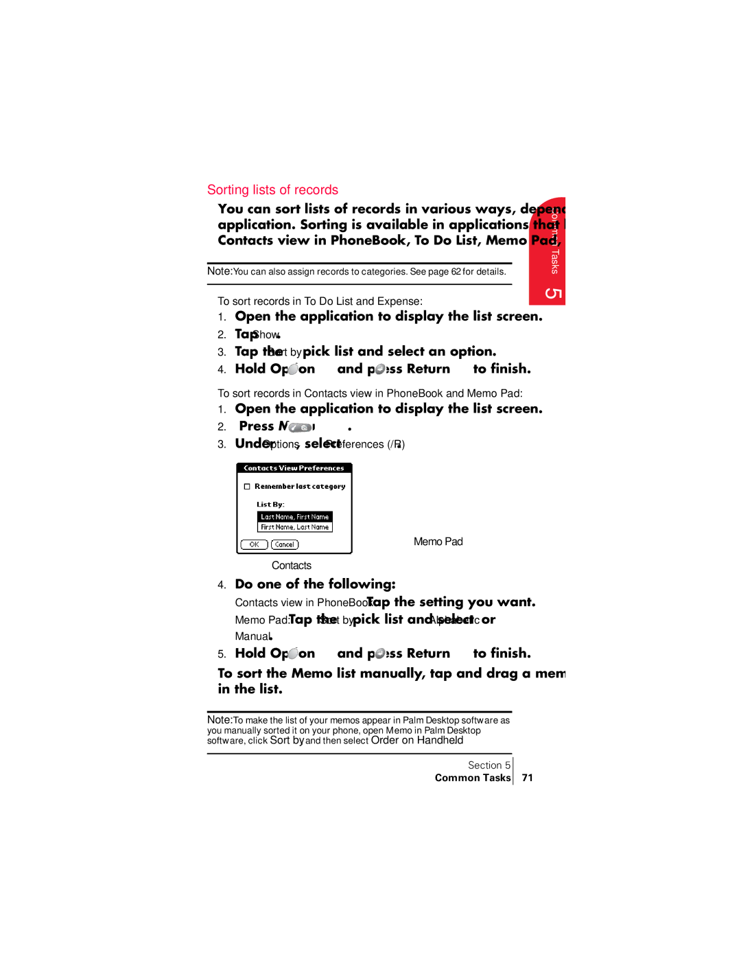 Handspring 300 manual Sorting lists of records, Open the application to display the list screen Press Menu 