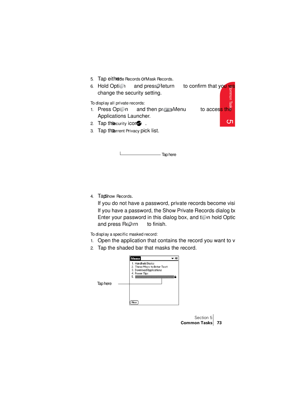 Handspring 300 manual Change the security setting, Press Return, Tap the shaded bar that masks the record 