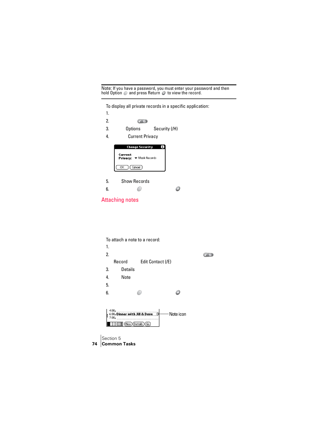 Handspring 300 manual Attaching notes, Display the entry to which you want to add a note 