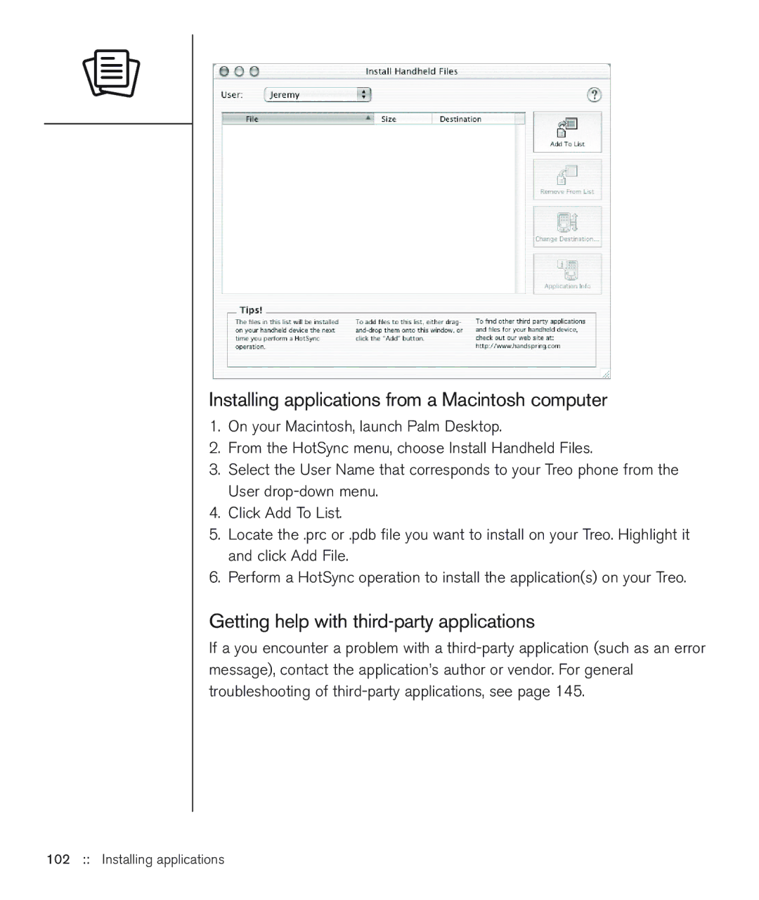 Handspring 600 manual Installing applications from a Macintosh computer, Getting help with third-party applications 