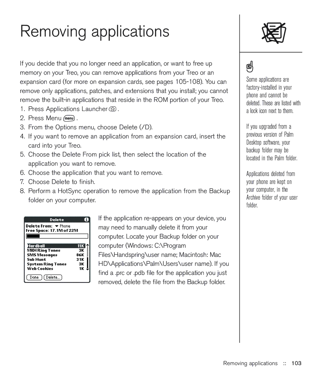 Handspring 600 manual Removing applications 