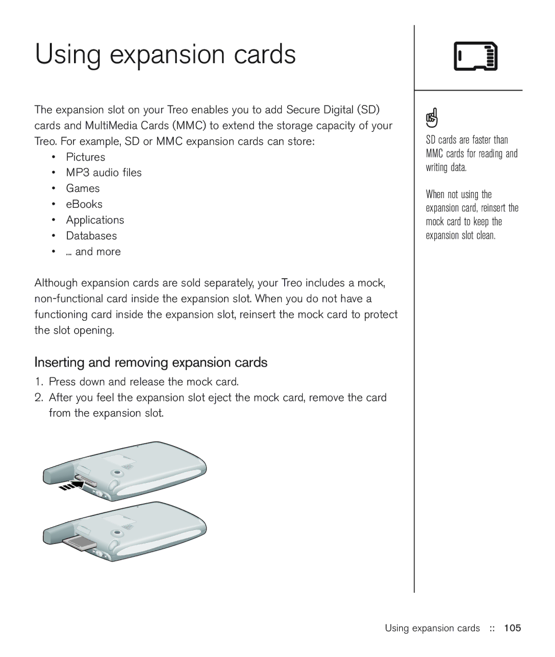 Handspring 600 manual Using expansion cards, Inserting and removing expansion cards 