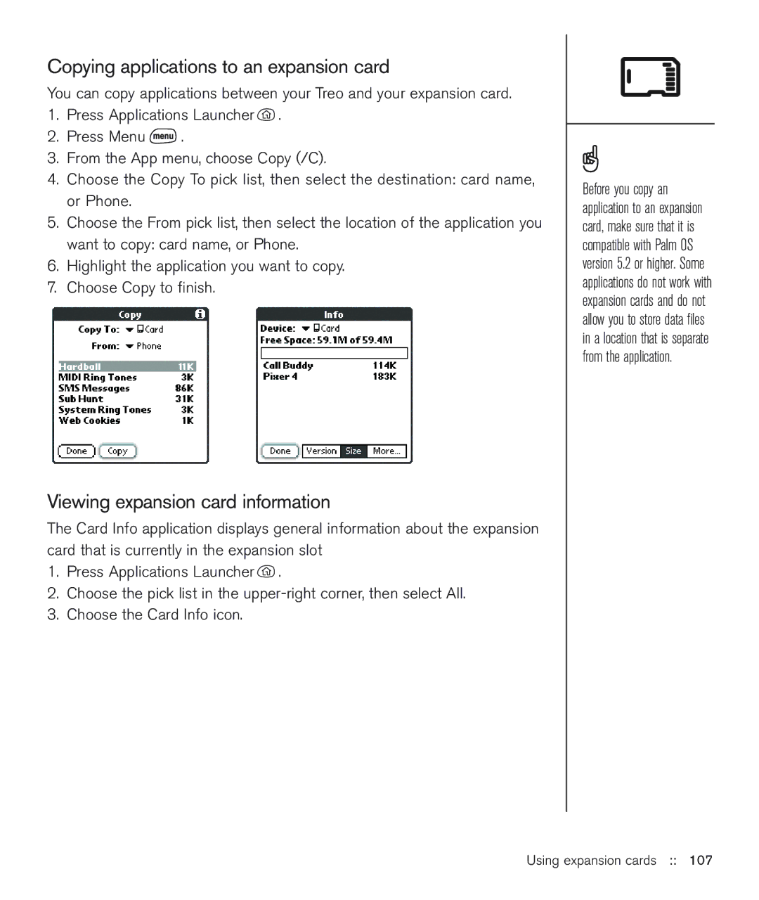 Handspring 600 manual Copying applications to an expansion card, Viewing expansion card information 