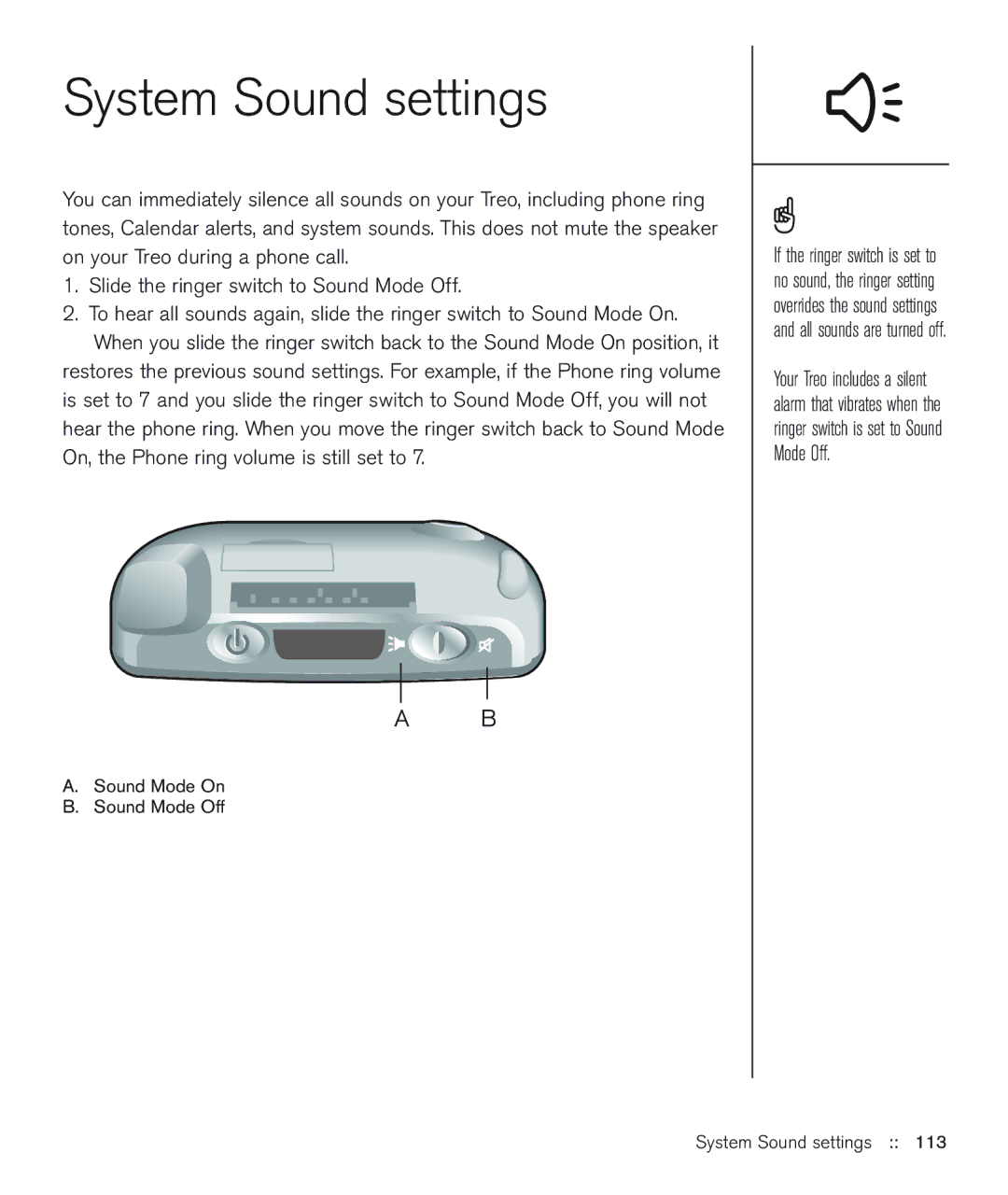 Handspring 600 manual System Sound settings, Sound Mode On Sound Mode Off 