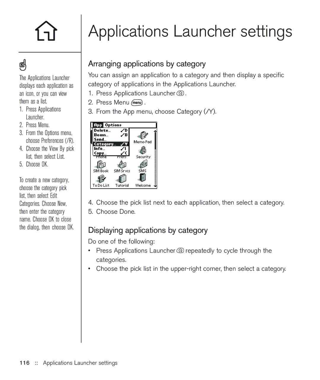 Handspring 600 Applications Launcher settings, Arranging applications by category, Displaying applications by category 