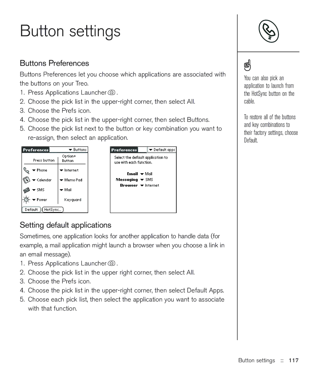 Handspring 600 manual Button settings, Buttons Preferences, Setting default applications 