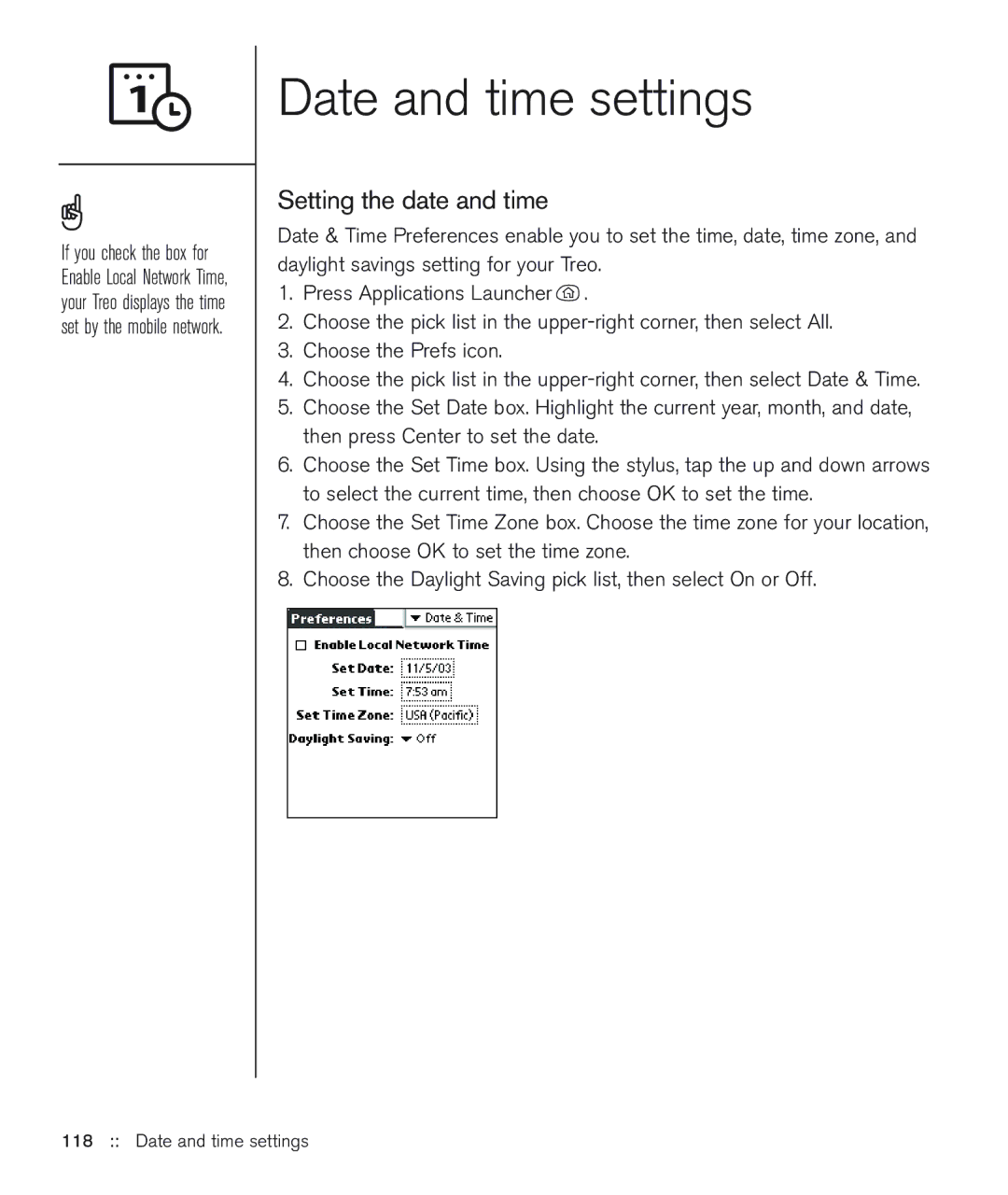 Handspring 600 manual Date and time settings, Setting the date and time 