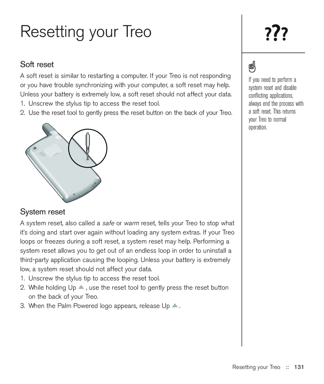 Handspring 600 manual Resetting your Treo, Soft reset, System reset 
