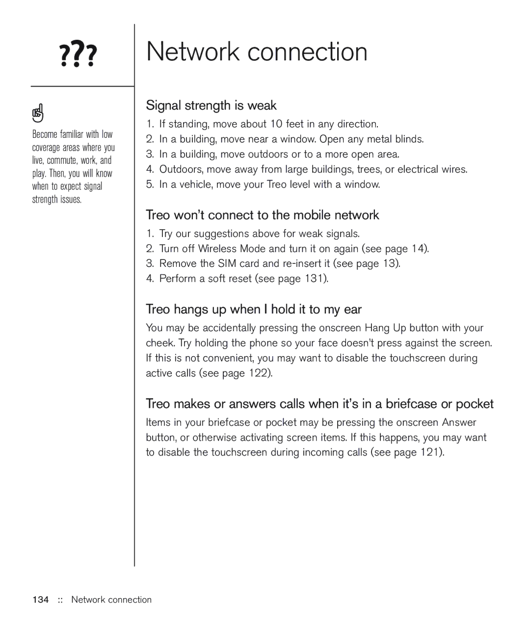 Handspring 600 manual Network connection, Signal strength is weak, Treo won’t connect to the mobile network 