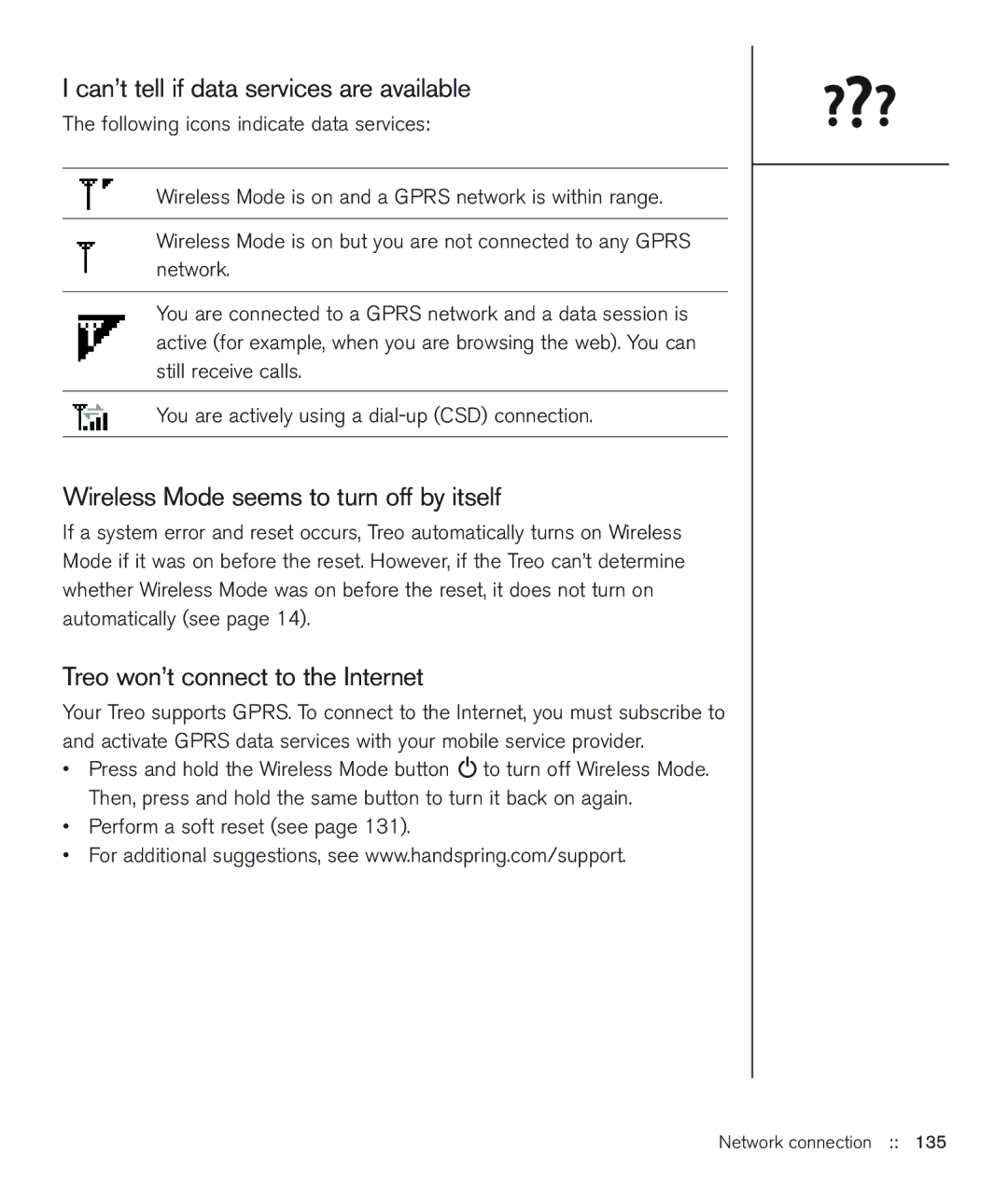 Handspring 600 manual Can’t tell if data services are available, Wireless Mode seems to turn off by itself 