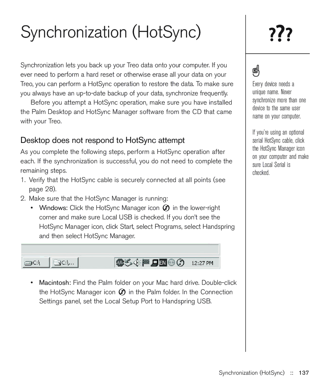 Handspring 600 manual Synchronization HotSync, Desktop does not respond to HotSync attempt 