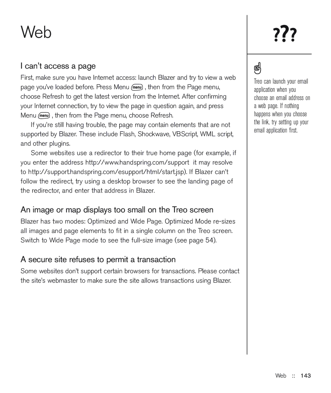 Handspring 600 manual Web, Can’t access a, An image or map displays too small on the Treo screen 