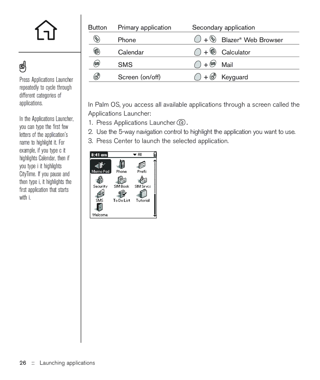 Handspring 600 manual Button Primary application Secondary application Phone 