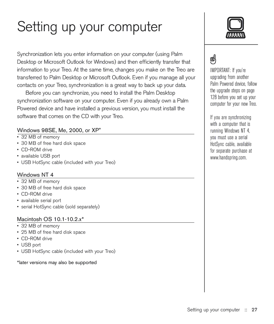 Handspring 600 manual Setting up your computer 