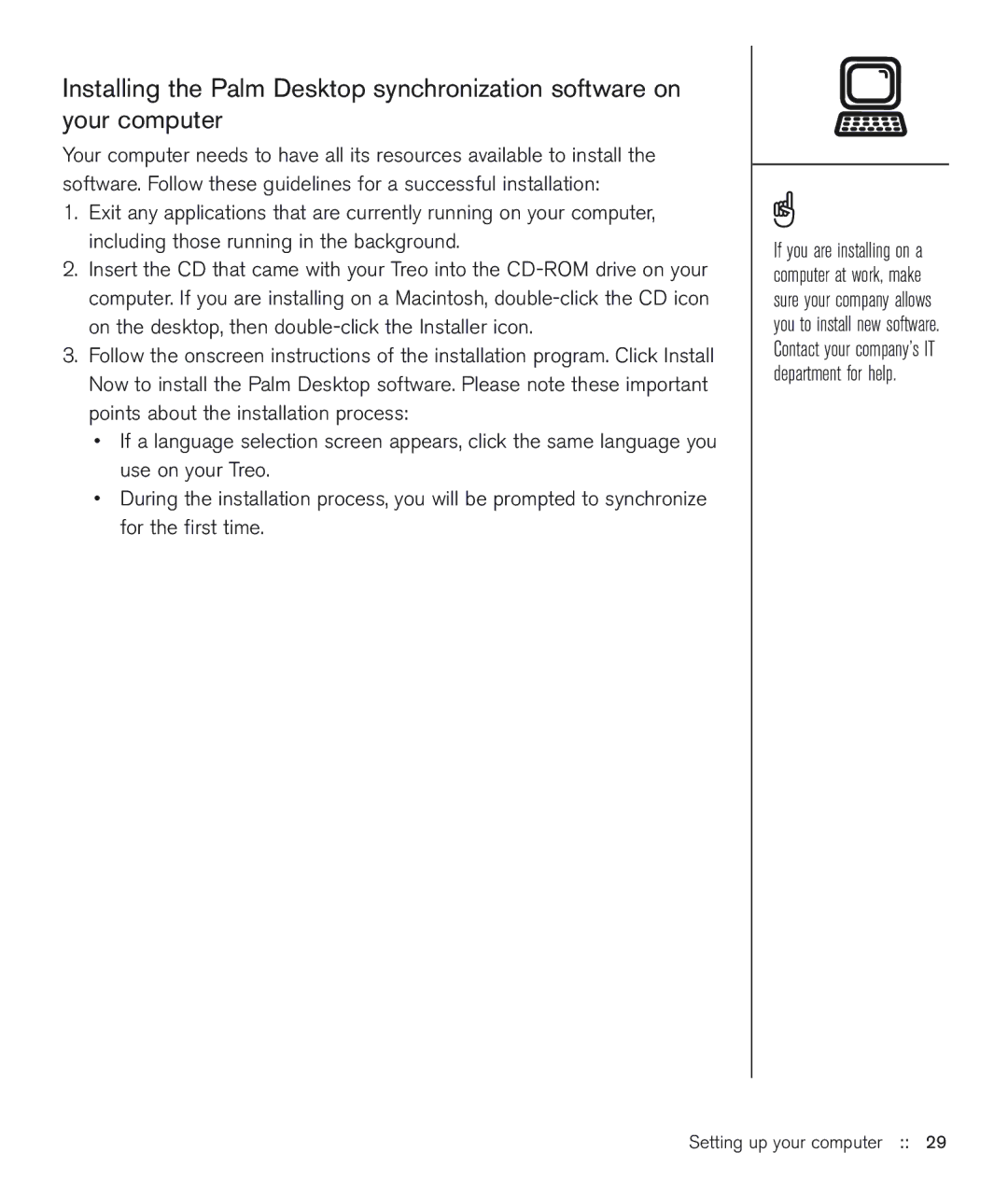 Handspring 600 manual Setting up your computer 